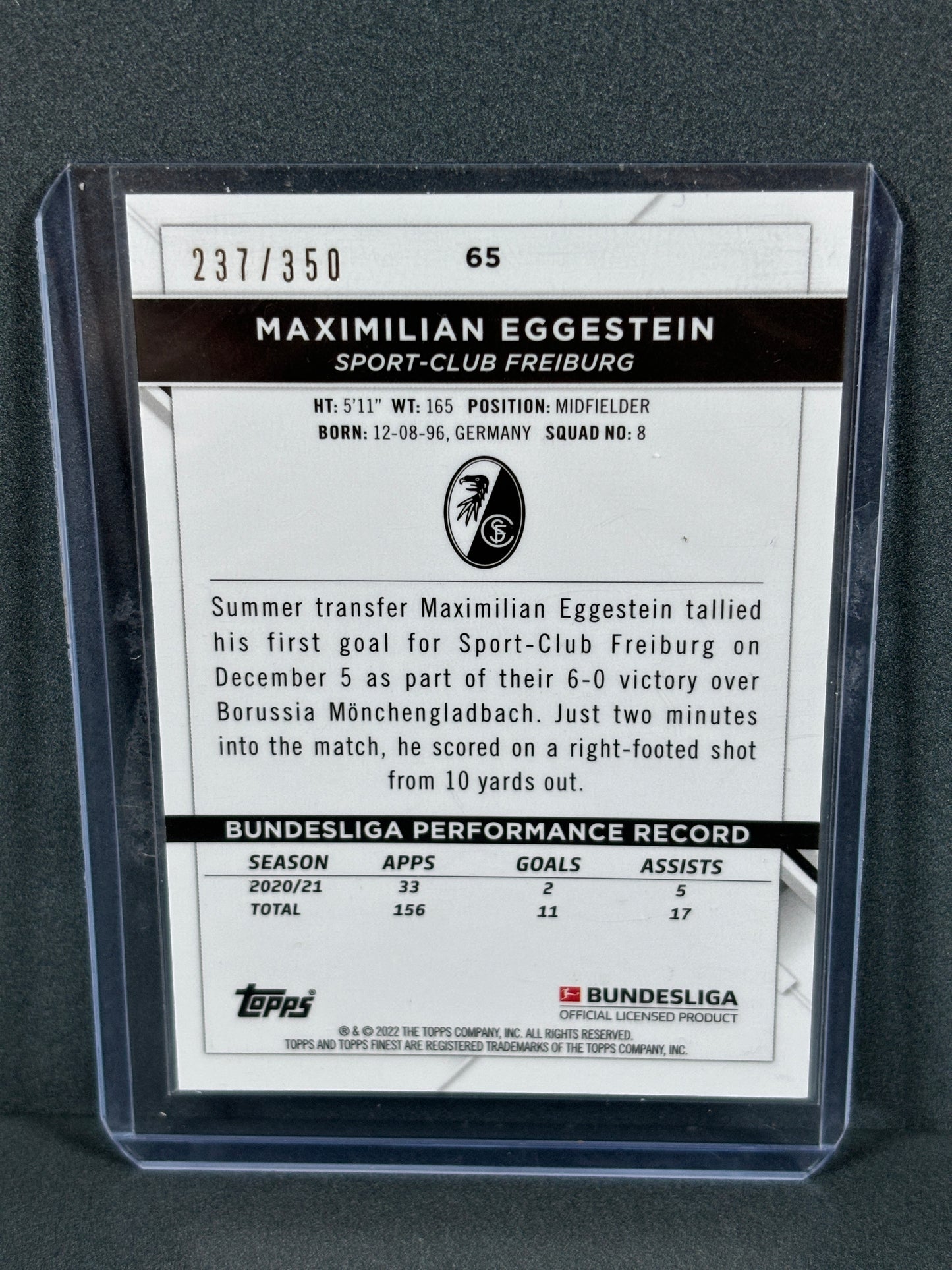 Topps Finest Bundesliga Maximilian Eggestein 237/350 Numbered Card 2021-2022