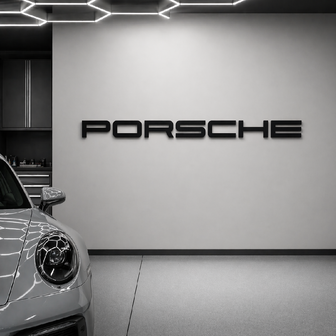 Porsche Style 3D Wall Sign – Matte Black, Red or White – 26cm Wide Letters