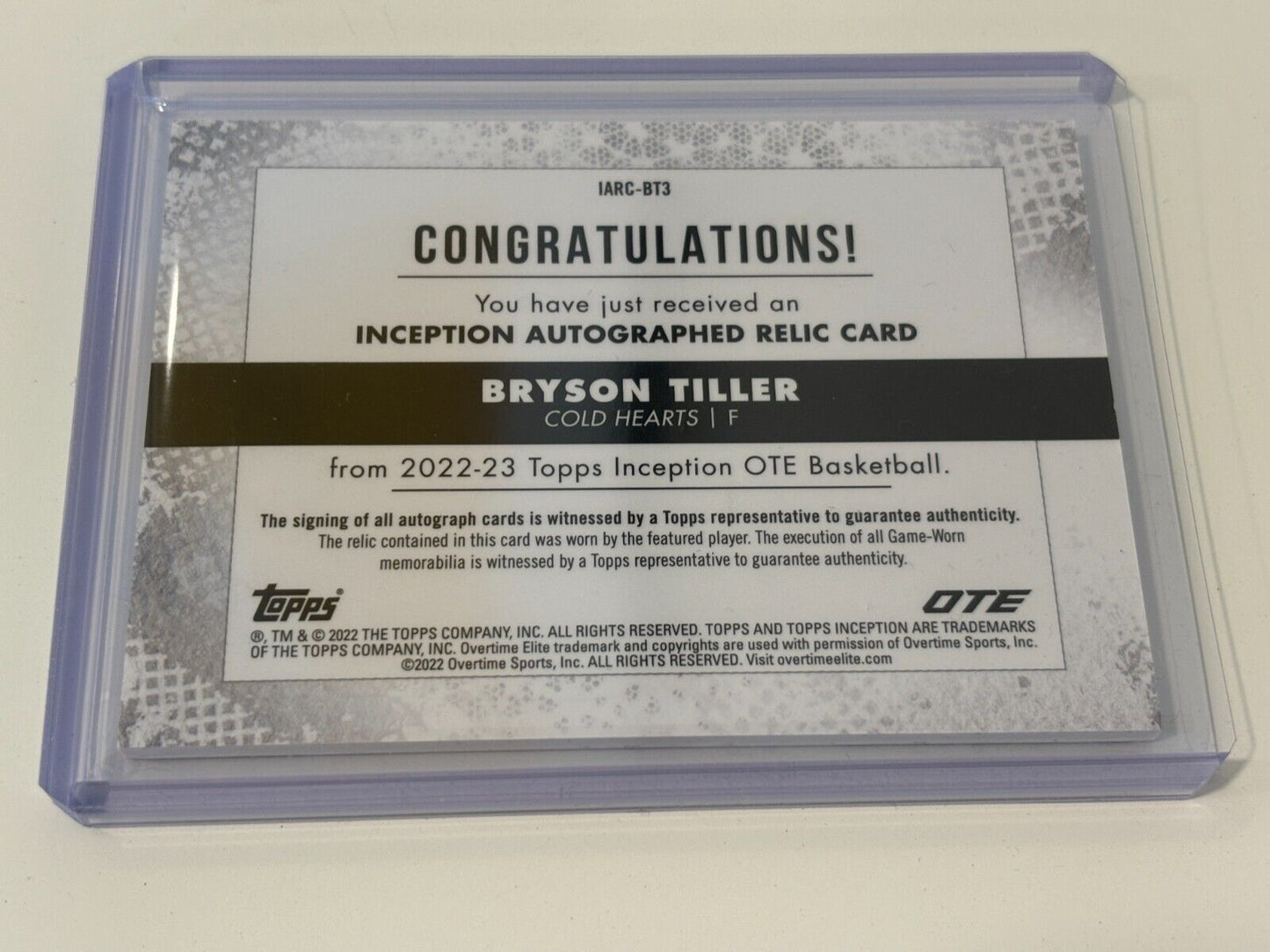 2022 Topps Inception OTE Overtime Elite Relic /149 Bryson Tiller #IARC-BT3 Auto