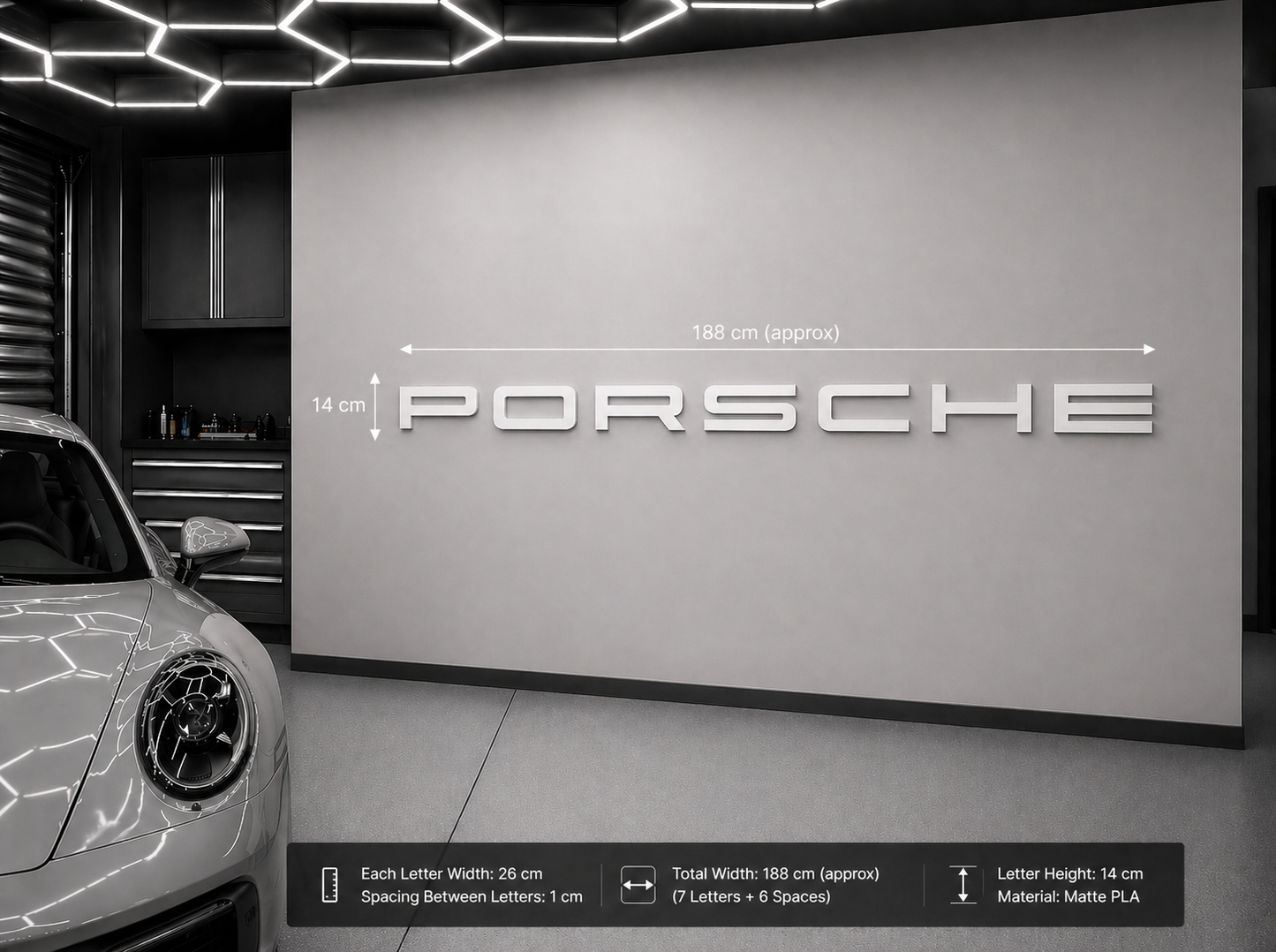 Porsche Style 3D Wall Sign – Matte Black, Red or White – 26cm Wide Letters