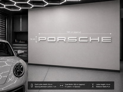 Porsche Style 3D Wall Sign – Matte Black, Red or White – 26cm Wide Letters