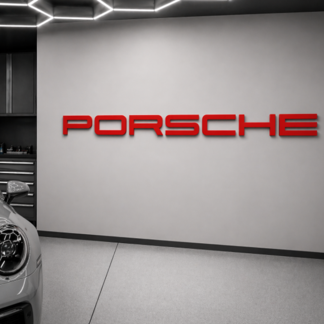 Porsche Style 3D Wall Sign – Matte Black, Red or White – 26cm Wide Letters