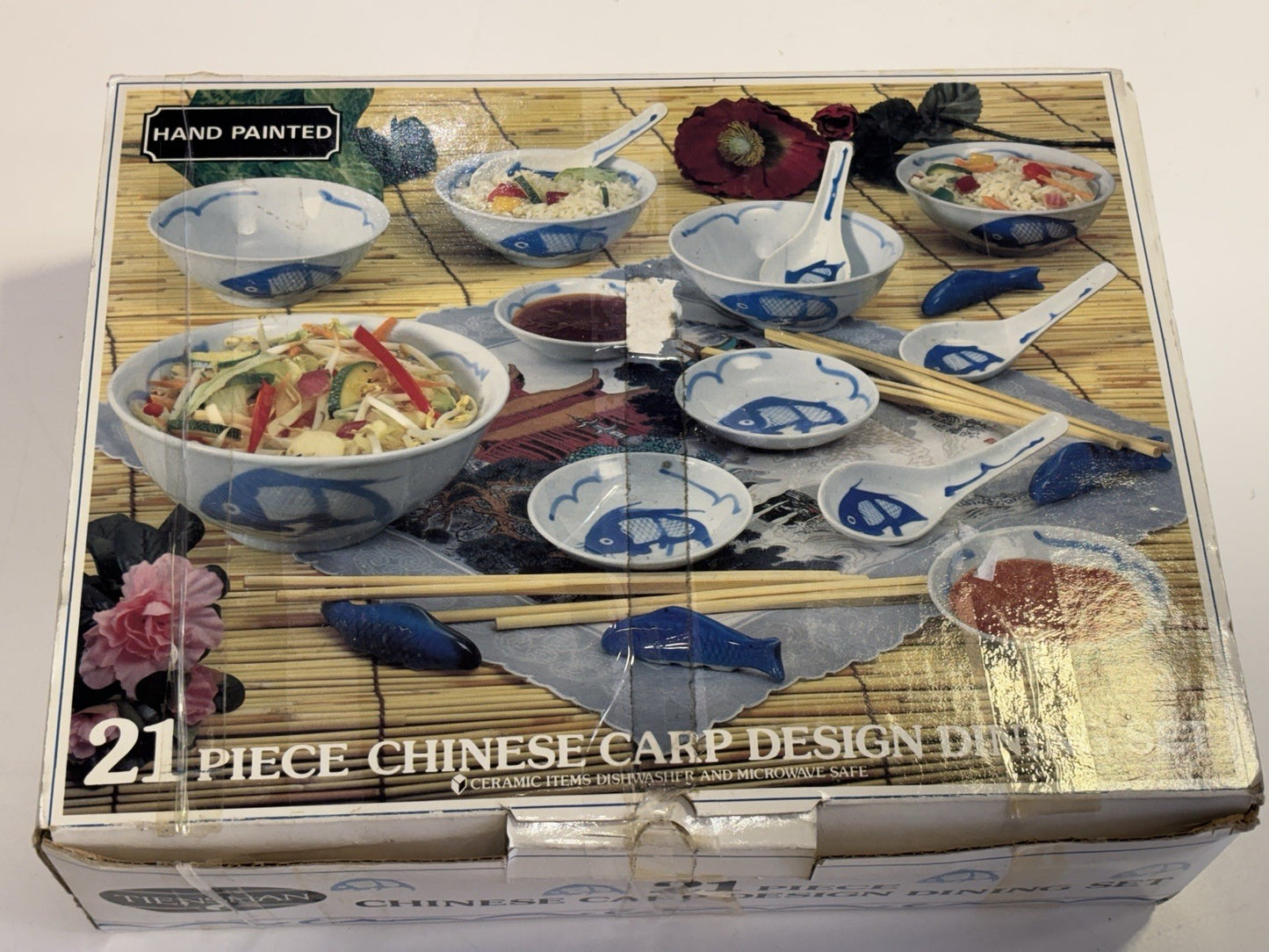 21 Piece Porcelain Chinese Carp Dinner Set EXCELLENT CONDITION