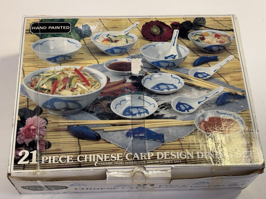 21 Piece Porcelain Chinese Carp Dinner Set EXCELLENT CONDITION