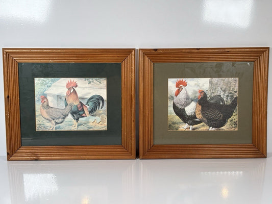 Vintage Rooster Cockerel HenChicken Prints Wooden Framed Art Set Of 2