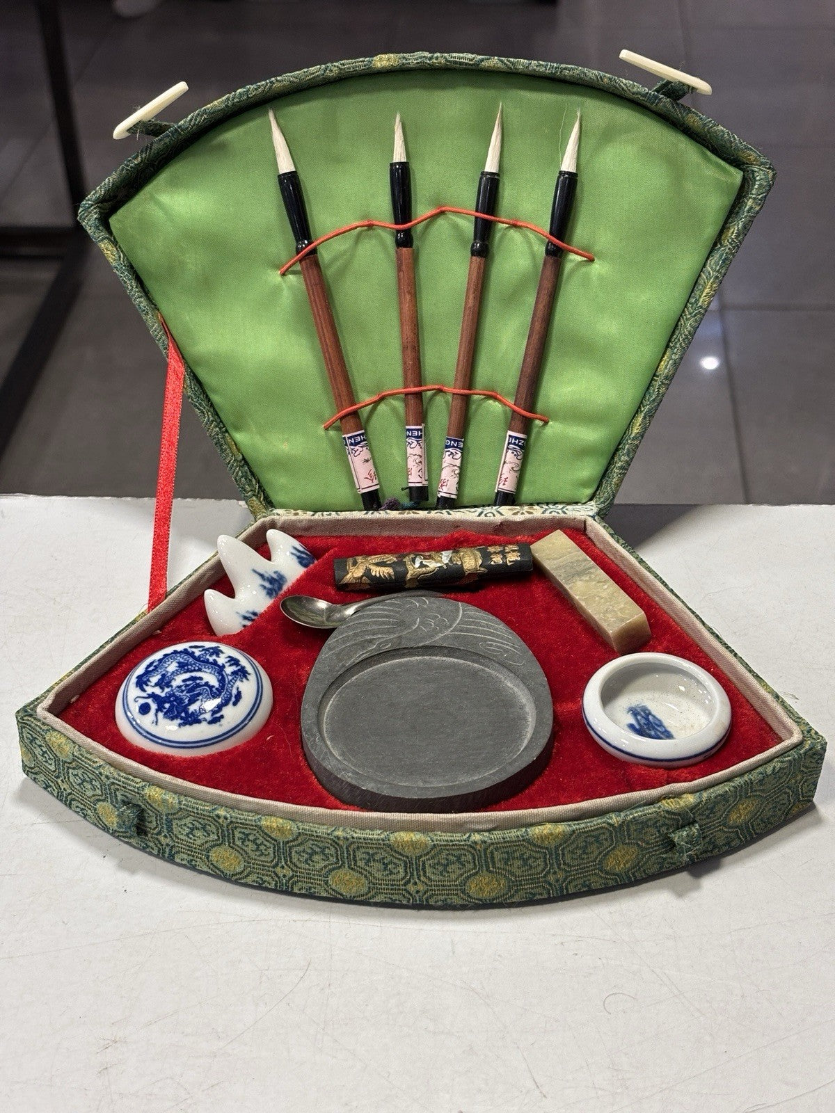 Vintage Chinese Calligraphy Set With Red Ink And Dip Pens In Sakura Fabric Box