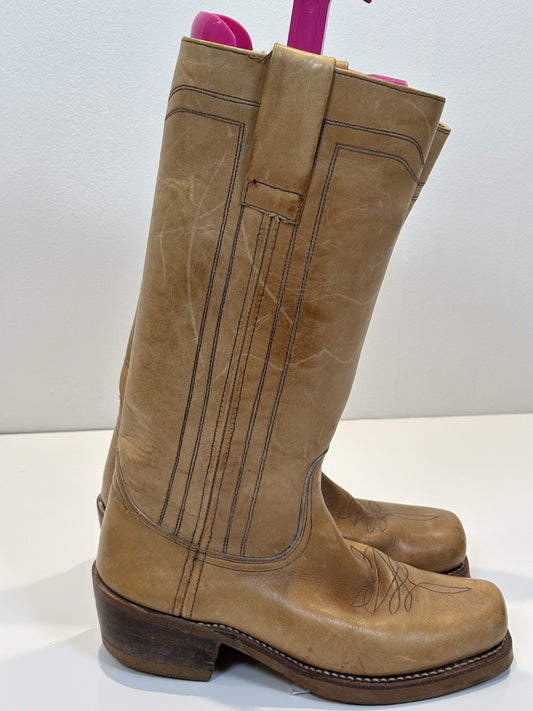 Vintage Made In Spain Tall Western Cowboy Boots Tan Size UK Size 6