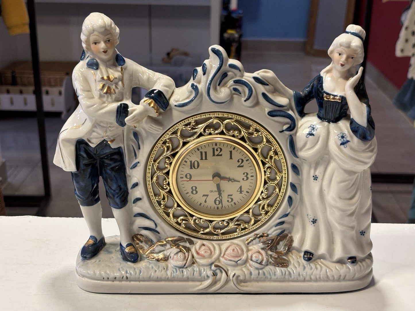 Large Vintage Victorian Couple Blue and White Rococo Style Table Clock