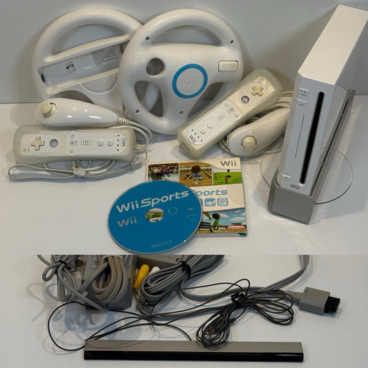 Nintendo Wii White Console x2 Controllers/Nunchucks/Steering Wheel + Wii Sports
