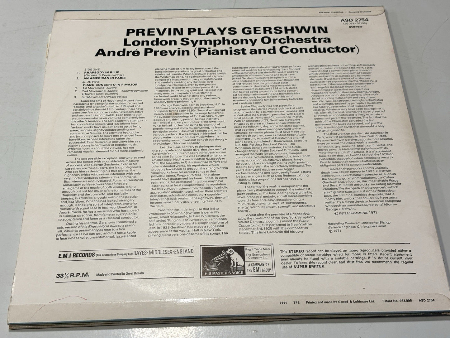 Andre Previn - Previn Plays Gershwin - Original UK LP (EMI 1971)
