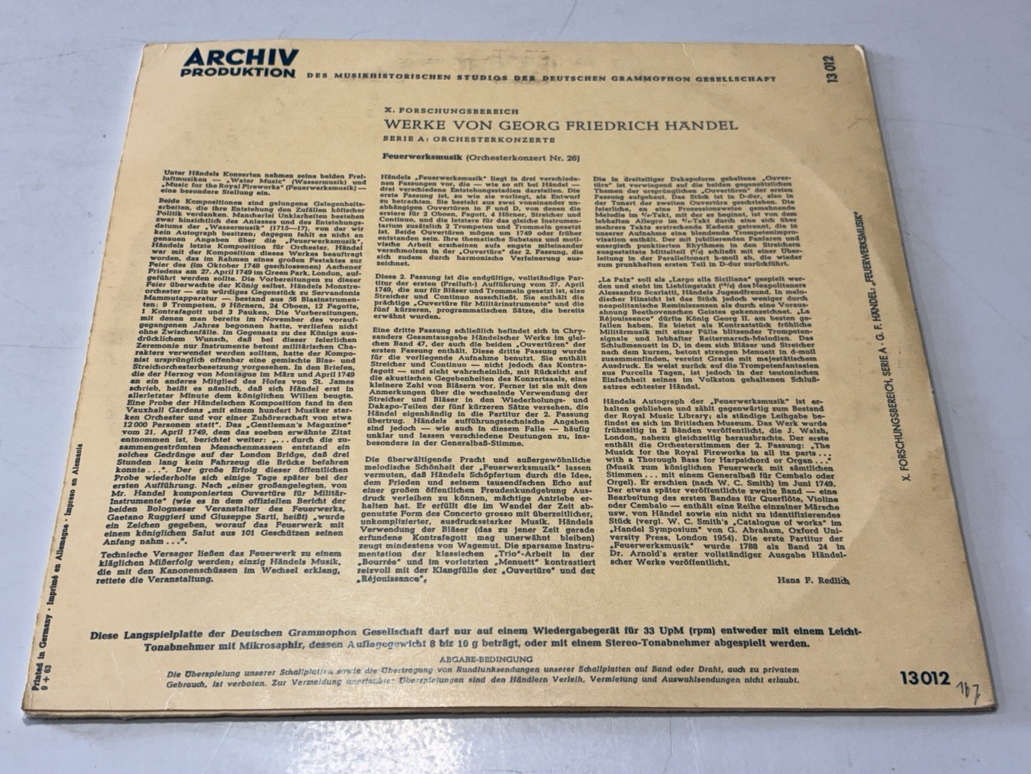 ARCHIV PRODUKTION Werke Von Georg Friedrich Handel 10" Vinyl