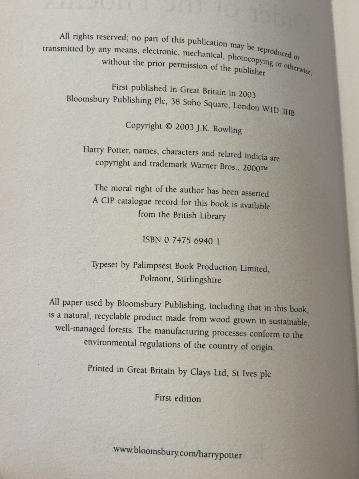 Harry Potter and the Order of the Phoenix - First Edition (Adult) Hardback VGC