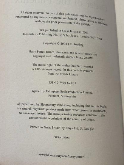 Harry Potter and the Order of the Phoenix - First Edition (Adult) Hardback VGC