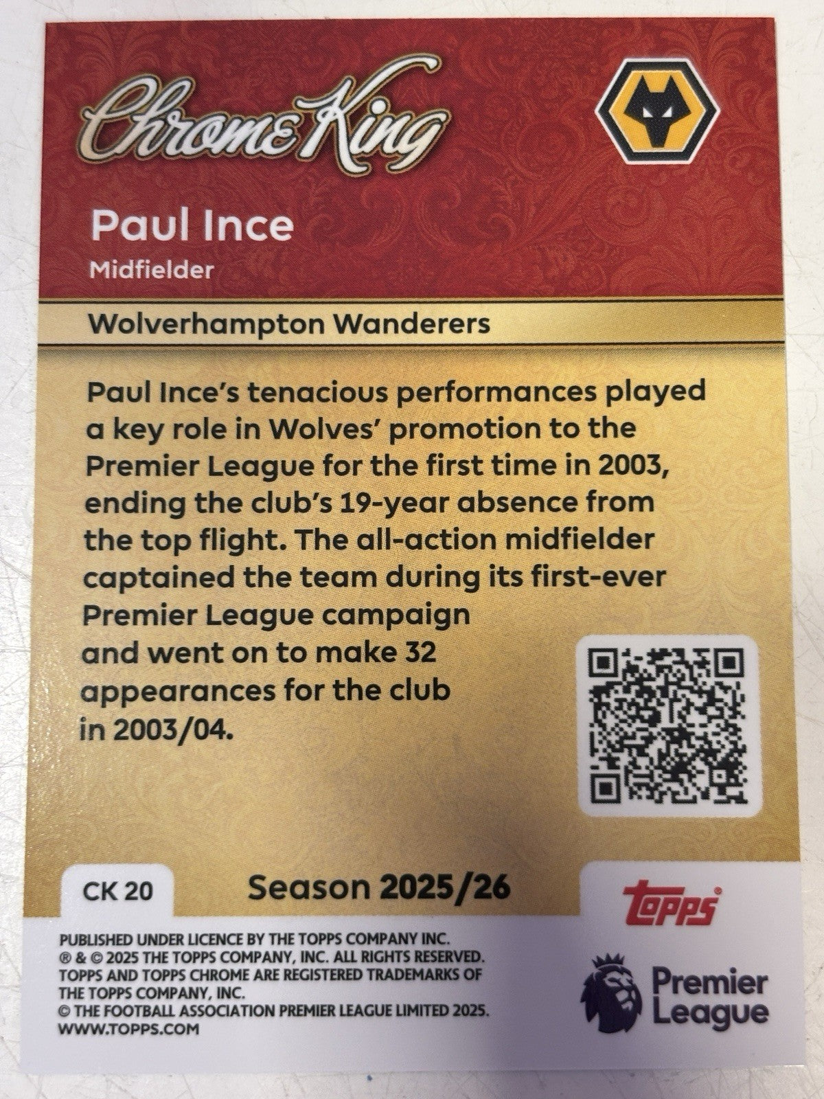 NEW - TOPPS PREMIER LEAGUE 2026 - PAUL INCE WOLVERHAMPTON CHROME KING CK20 Fresh