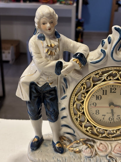 Large Vintage Victorian Couple Blue and White Rococo Style Table Clock