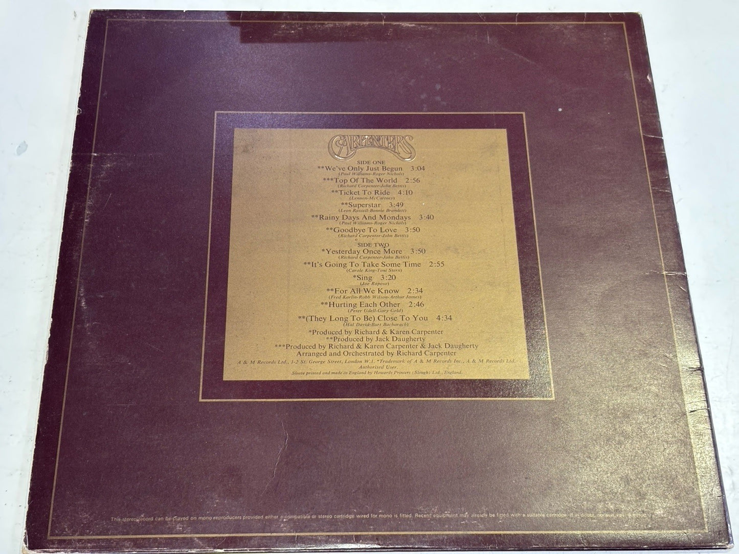 THE CARPENTERS - SINGLES 1969 - 1973 The Best Of Greatest Hits UK LP EX