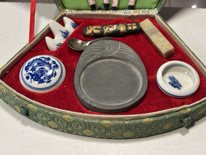 Vintage Chinese Calligraphy Set With Red Ink And Dip Pens In Sakura Fabric Box