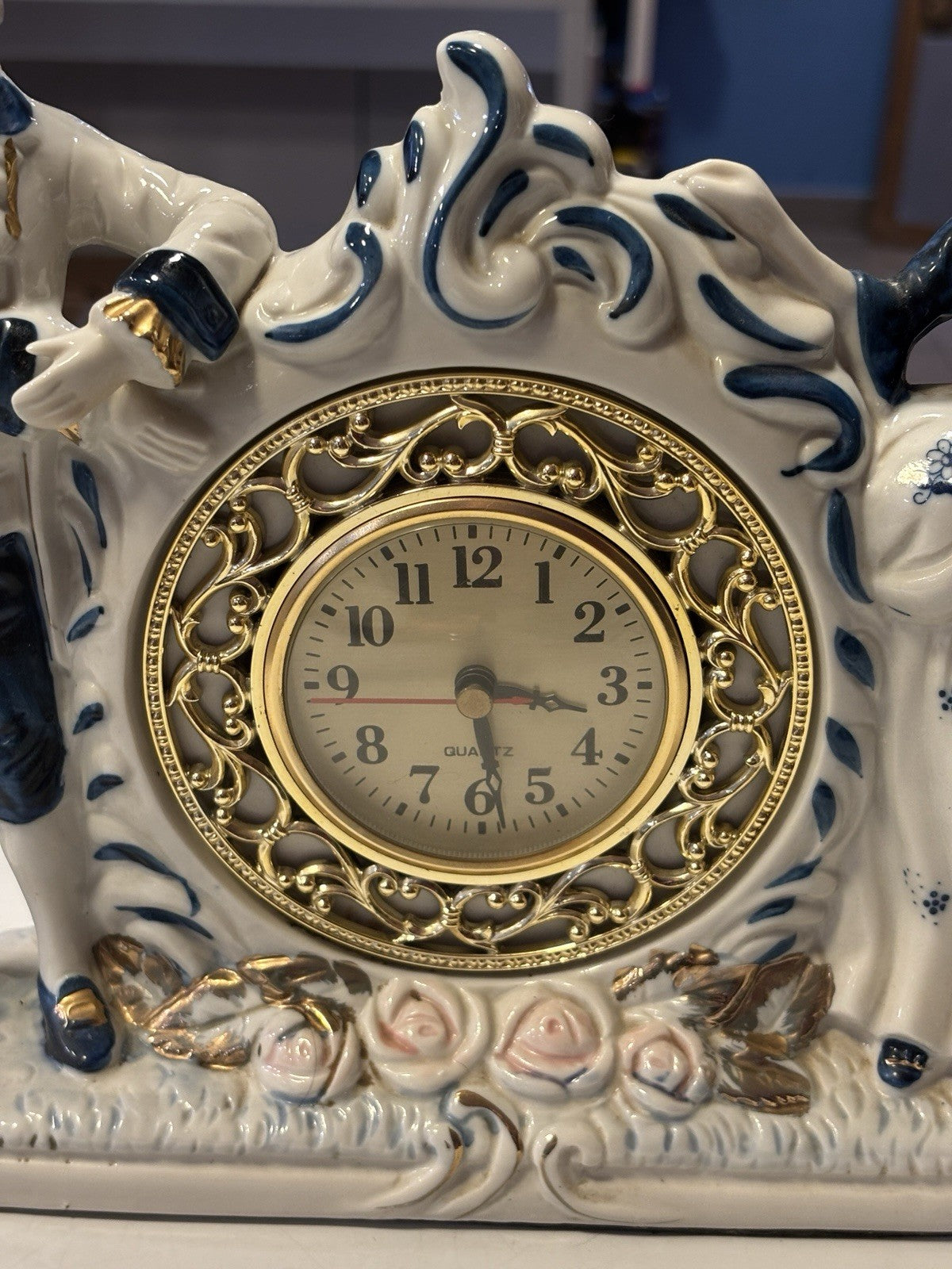 Large Vintage Victorian Couple Blue and White Rococo Style Table Clock