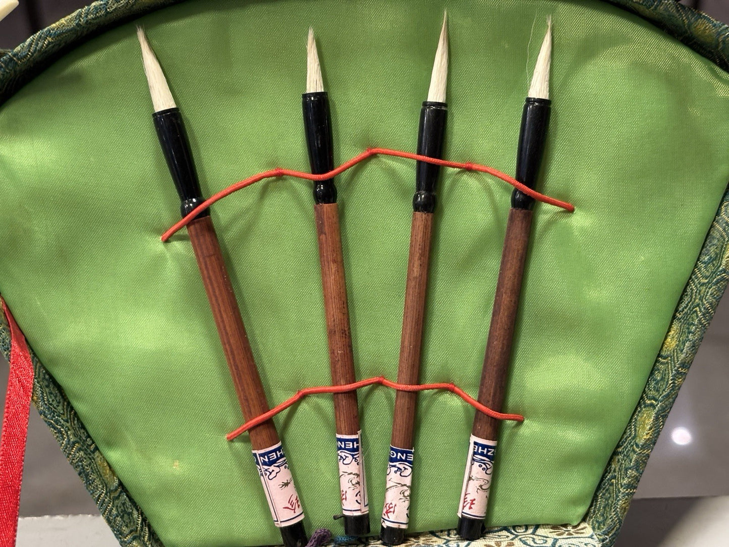 Vintage Chinese Calligraphy Set With Red Ink And Dip Pens In Sakura Fabric Box