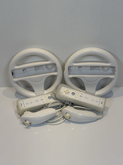 Nintendo Wii White Console x2 Controllers/Nunchucks/Steering Wheel + Wii Sports