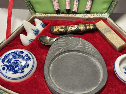 Vintage Chinese Calligraphy Set With Red Ink And Dip Pens In Sakura Fabric Box