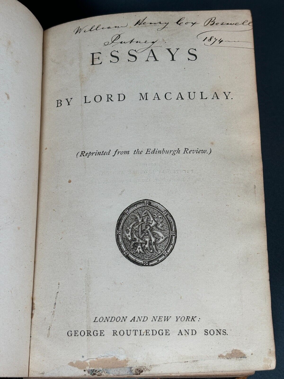 Macauleys Essays Etc. Originally Owned by William Henry Cox Boswell 1874