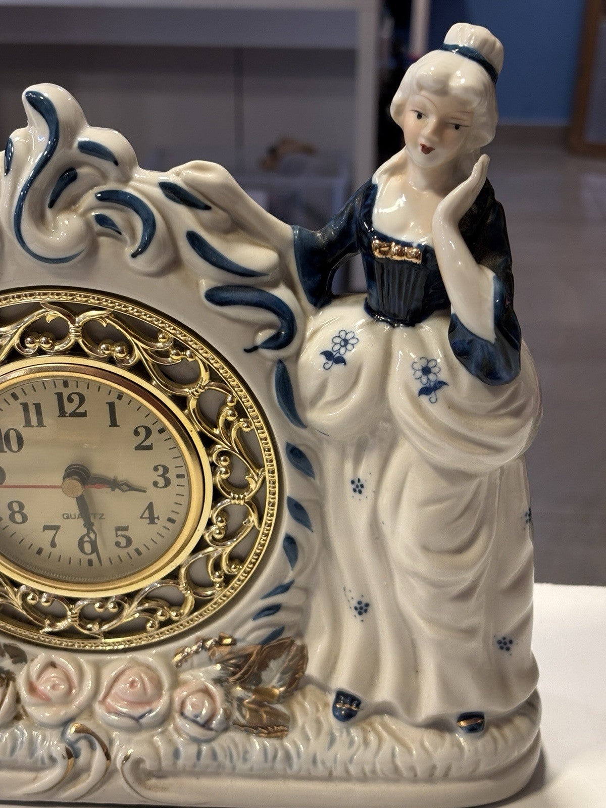 Large Vintage Victorian Couple Blue and White Rococo Style Table Clock