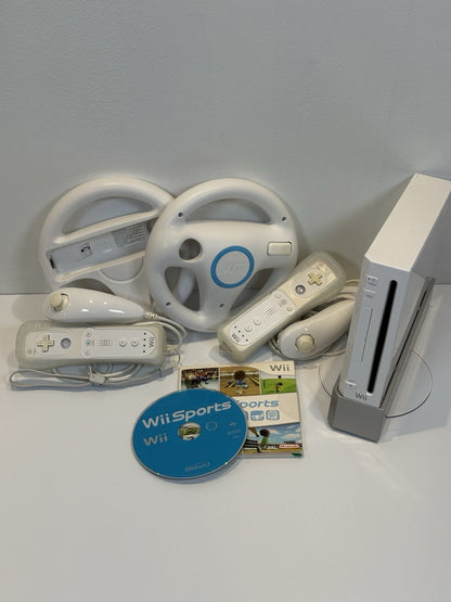 Nintendo Wii White Console x2 Controllers/Nunchucks/Steering Wheel + Wii Sports