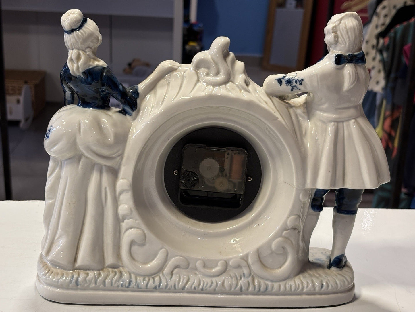 Large Vintage Victorian Couple Blue and White Rococo Style Table Clock