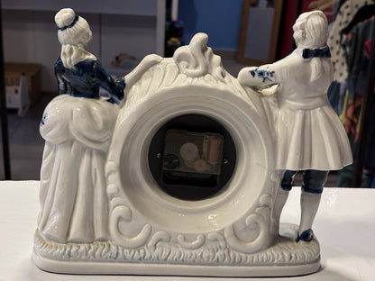 Large Vintage Victorian Couple Blue and White Rococo Style Table Clock